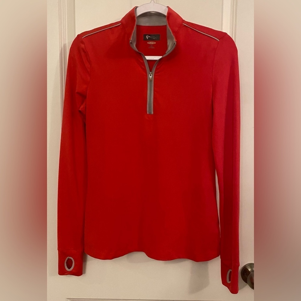 Greg Norman Long Sleeve 1/4 Zip Size S/P Pinkish Red Gray Accents Thumb Holes - Picture 1 of 8
